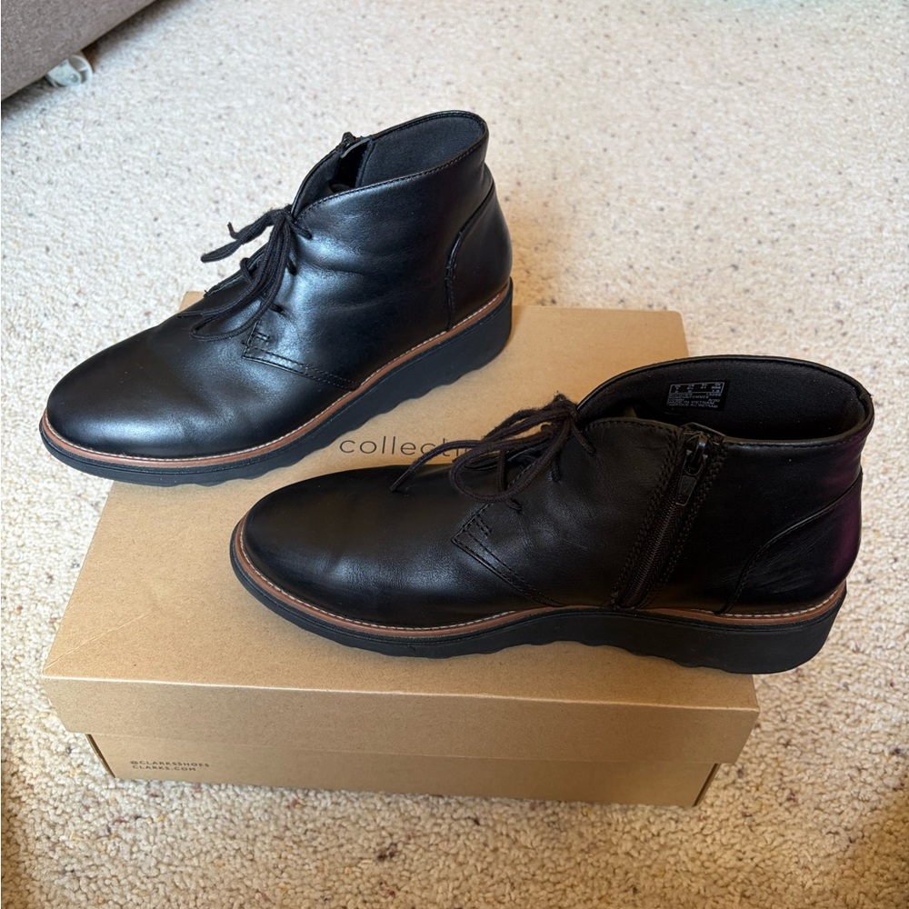Clarks Black Leather Lace-Up Ankle Booties